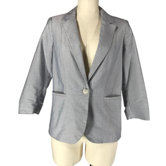 Attention Women's Size 8 Blue White Single Button Blazer Jacket 3/4 Sleeves - Picture 1 of 10